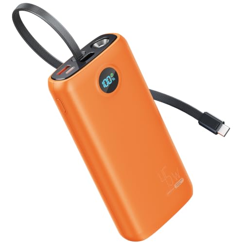 DIAMUAR Portable Charger 20000mAh 45W, Built in USB C Cable, 3W Flashlight | Fast Charging, Digital Display, 3 Ports, All-Day Power, Travel-Ready, for iPhone 17/16/15, Tablet, Laptop, Camping Essentials - color: Orange