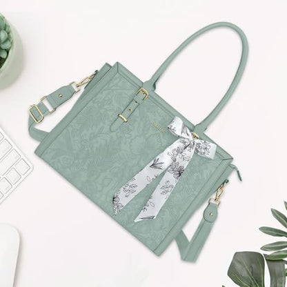 MOSISO Laptop Bag for Women, 15.6-16 inch PU Leather Tote Bag | Compatible with MacBook, HP,Dell,Asus, Front Embossed Retro Hibiscus Computer Bags with Silk Scarf&Clutch Purse,Antique Green - color: Antique Green, size: 16 inch