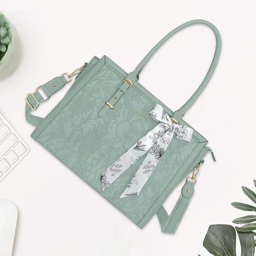 MOSISO Laptop Bag for Women, 17-17.3 inch PU Leather Tote Bag | Compatible with MacBook, HP,Dell, Front Embossed Retro Hibiscus Computer Bags with Silk Scarf&Clutch Purse, Antique Green - color: Antique Green, size: 17.3 inch