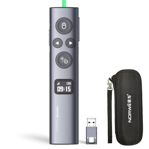 Norwii N95s Presentation Clicker for PowerPoint with Digital Laser Pointer | ①Magnify/Highlight/Air Mouse②TV Screen & Projector③OLED Battery Level Display④Vibration Countdown reminder⑤USB-C Rechargeable - color: Green - BLE&USB-A&C