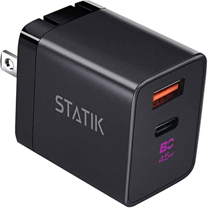 STATIK Fast-Charging GaN Power Adapter - 48W Dual USB C & USB - Foldable Compact Charger for iPhone, iPad, Samsung, Pixel - Smart Overheat Protection - Cable Not Included - size: ['48W']