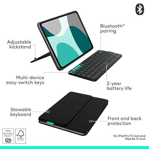 Logitech Flip Folio, Keyboard Case for iPad Pro 11-inch (M4 & M5) & iPad Air 11-inch (M2, M3 & M4)(5th Gen) - Protective & Stowable Bluetooth Keyboard Case, Multi-Device - Midnight Black