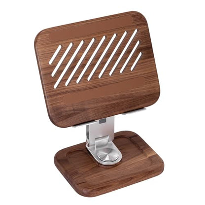 Walnut-Wooden Laptop Stand for Desk, Adjustable Height & Angle with 360° Aluminum Alloy Swivel Base, Wood Laptop Stand Compatible with MacBook Pro, All Laptops 10-17", Brown