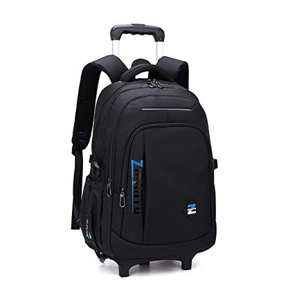 VIDOSCLA Black Kids Boys Rolling Backpack Teens Carry-on Luggage with Wheels Trolly BookBag for School-2 Wheels - color: A1# Black Blue-2 Wheels, style: A1# 2 Wheels