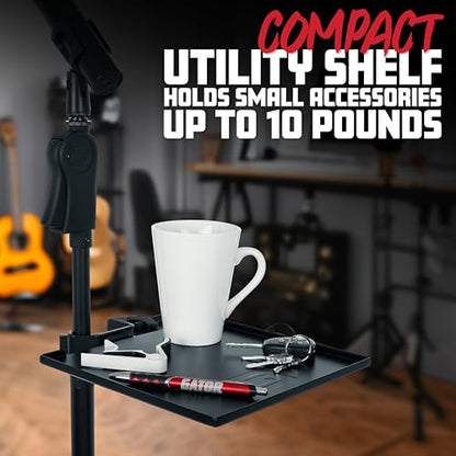 Gator Frameworks Microphone Stand Utility Shelf; 9" x 9" (GFW-SHELF0909) | Steel Tray Secures Accessories with Raised Edges and Clamps to Most Mic Stands 10 lb Weight Capacity - size: 9" x 9" Utility Shelf, style: 9" x 9" Shelf