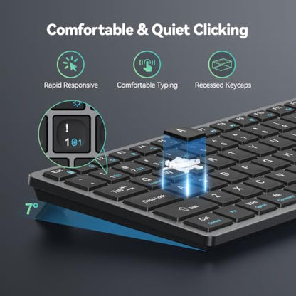 TECKNET Bluetooth Keyboard Rechargeable, 4-Device (2.4G+3BT) Wireless Keyboard, Ultra-Slim Quiet Typing, 14 Hotkeys Computer Keyboard for PC/Laptop/Tablet/iPad, Grayish-Black - color: Grey+Sliver