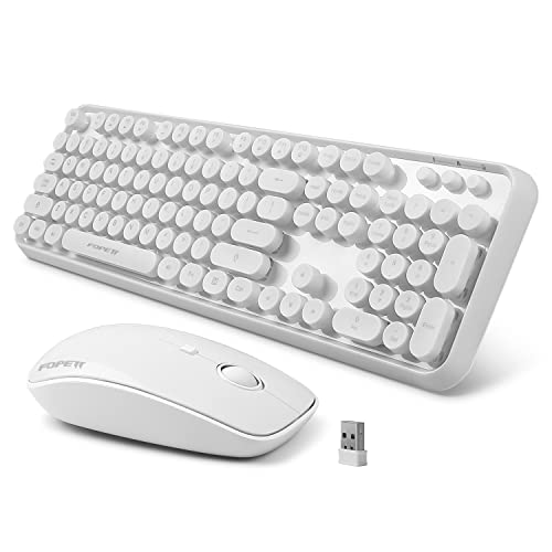 Wireless Keyboard and Mouse Combo, 104 Keys Full-Sized 2.4 GHz Round Keycap Colorful Keyboards, USB Receiver Plug and Play, for Windows, Mac, PC, Laptop, Desktop (White) - color: White