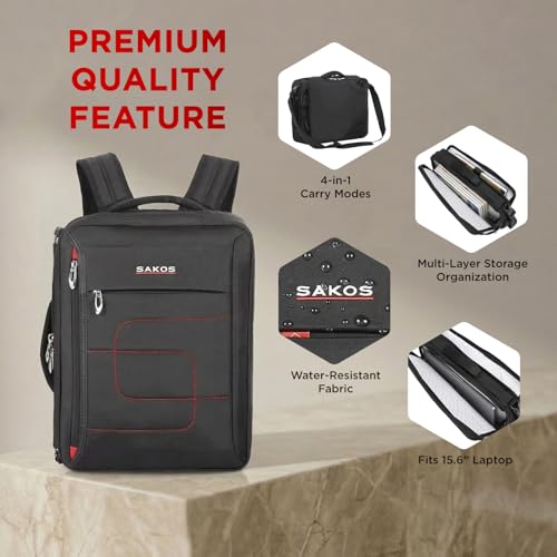 SAKOS Flash 3 in 1 Laptop Bag, 15.6 Inch Convertible Messenger, Shoulder Bag & Backpack, Water Repellent Travel Bag, Professional Work Bag for Men & Women, Briefcase with Laptop Compartment - Black - color: 4. Flash - Black/Red