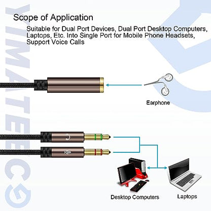 Headphone Splitter 3.5mm, Audio Splitter Headset Mic Adapter Nylon-Braided Extension Cable Stereo Aux Jack for Headphones Laptop PS4 Xbox PC Phone Tablet Gaming (1set, 2pcs, Brown) - color: 35CM/13.8IN Headphone Splitter - Brown, size: 1SET - 2pack