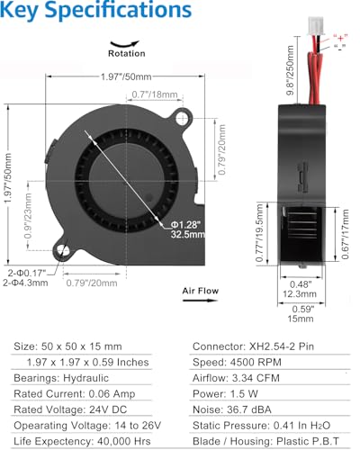 GDSTIME 5015 Blower 24V 2-Pin 50mm x 15mm Turbine Turbo Cooling Fan 2-Pack | Hydraulic Bearing, 24 Volt DC Brushless, 4500 RPM, High Speed, Replacement Blower Fans for 3D Printer Humidifier - size: 50x15mm
