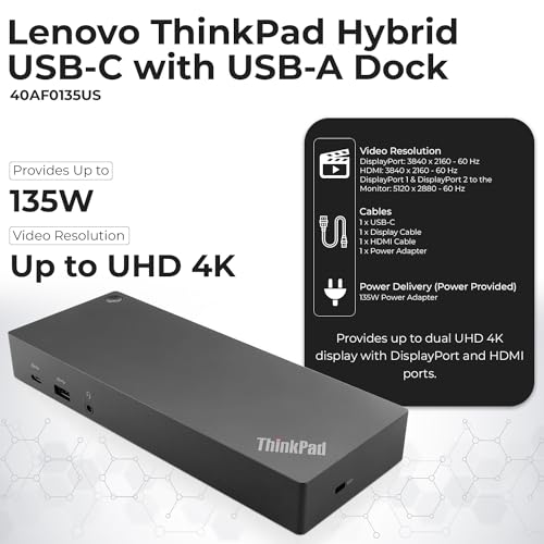 40AF0135US Lenovo Docking Station Dual Monitor Hybrid USB-C with USB-A - 1 Year Warranty, Thinkpad Dock w/ 135W Adapter, ANYHDD HDMI, DisplayPort, USB-C Cables, Cloth - Lenovo Laptop Docking Station - style: 40AF0135US New
