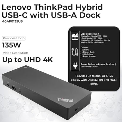 40AF0135US Lenovo Docking Station Dual Monitor Hybrid USB-C with USB-A - 1 Year Warranty, Thinkpad Dock w/ 135W Adapter, ANYHDD HDMI, DisplayPort, USB-C Cables, Cloth - Lenovo Laptop Docking Station - style: 40AF0135US New