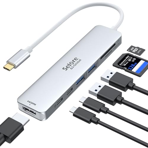 USB C Hub HDMI Adapter for MacBook Pro/Air, 7 in 1 USBC Dongle with HDMI, microSD/SD Card Reader, USB C Data Port,100W PD, and 2 USB 3.0 Compatible for MacBook Pro/Air, Dell XPS, Lenovo Thinkpad. - color: Silver