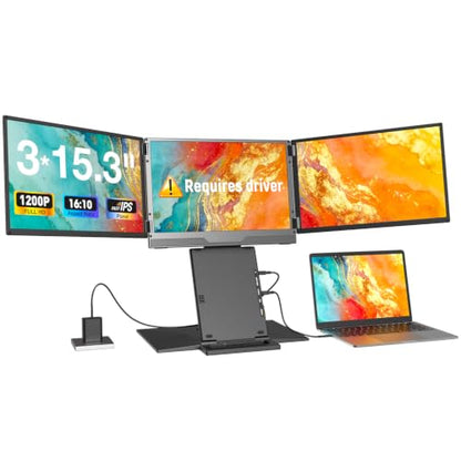 Quad Laptop Screen Extender, 15.3" 1200P FHD Quad Monitor, 16:10 Aspect Ratio, 1 Cable for 3 Screens, Driver Required, Compatible with Windows & All Mac (M1-M5 Included) - size: 15.3"