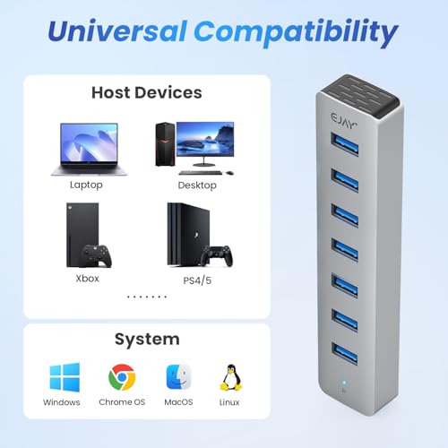 EJAY 7-Port Desktop USB 3.0 Hub for PC with Extra Power Port, Aluminum USB Splitter 5Gbps Data Transfer, 3.28ft Long Data & Power Cables for Laptop, Mac, Windows, Linux