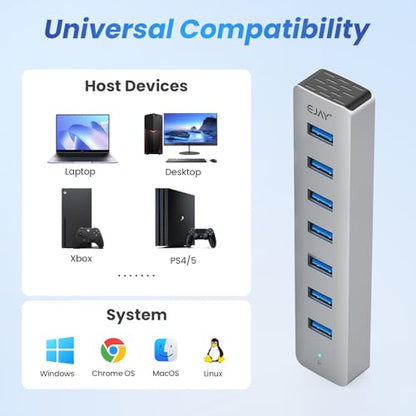 EJAY 7-Port Desktop USB 3.0 Hub for PC with Extra Power Port, Aluminum USB Splitter 5Gbps Data Transfer, 3.28ft Long Data & Power Cables for Laptop, Mac, Windows, Linux