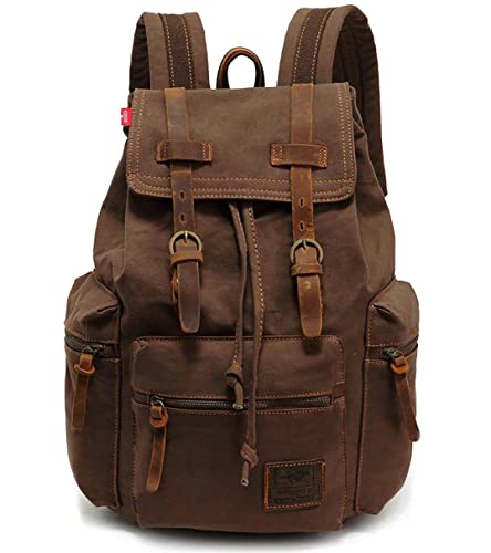 HuaChen Vintage Canvas Travel Backpack with Leather Trim, Laptop Padded Sleeve, Hidden Back Security Pocket, Fits 14-Inch, M32 Coffee - color: Coffee, size: Medium