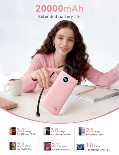 DIAMUAR Portable Charger 20000mAh 45W, Built in USB C Cable, 3W Flashlight | Fast Charging, Digital Display, 3 Ports, All-Day Power, Travel-Ready, for iPhone 17/16/15, Tablet, Laptop, Camping Essentials - color: Pink