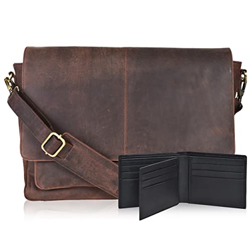 Oak Leathers Leather Messenger Bag for Men and Women - Laptop Briefcase Bag For College, Office, Adjustable Shoulder Strap - color: Walnut With Wallet