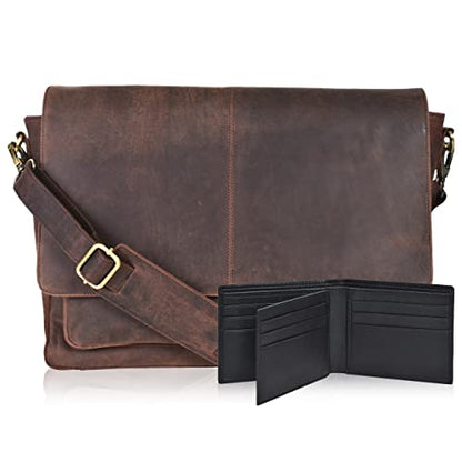Oak Leathers Leather Messenger Bag for Men and Women - Laptop Briefcase Bag For College, Office, Adjustable Shoulder Strap - color: Walnut With Wallet