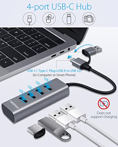 TWOPAN 4-Port USB 3.0 Hub for Laptop, Aluminum Alloy, USB-A & USB-C Plugs, 5Gbps Data Transfer, Compatible with MacBook Pro/Air, iMac, iPhone 16/15, Desktops, Tablets, Keyboard, Mouse, Mobile HDD - color: Grey AC