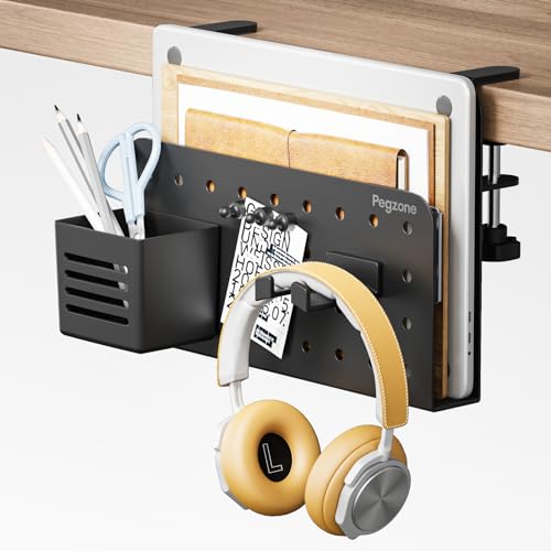 PEGZONE Desk Side Storage Organizer, No Drill Under Desk Laptop Holder, Clamp on Desks Shelf with Pegboard Accessories, Hanging Laptop Mount, Fits Flat Edge 0.4" to 2.2", Black | No Drill Under Desk Laptop Holder, Clamp on Desks Shelf with Pegboard Access