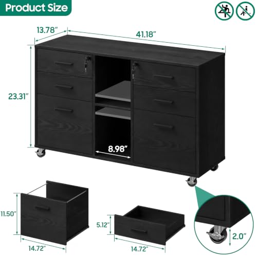 Halitaa Lateral File Cabinet with Lock, Large Mobile Storage Filing Cabinet with 6 Drawers Fits Files Letter/A4 Size, Rolling Printer Stand with Open Storage Adjustable Shelf for Home Office, Black - color: Black