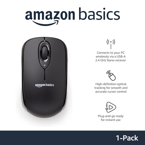 Amazon Basics 2.4 GHz Wireless Optical Computer Mouse with USB Nano Receiver, Portable, No Wires, Smooth Tracking, Multi-Device Compatibility, Black - color: Black, style: 1-Pack