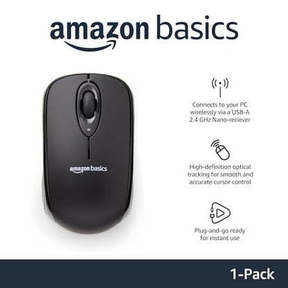 Amazon Basics 2.4 GHz Wireless Optical Computer Mouse with USB Nano Receiver, Portable, No Wires, Smooth Tracking, Multi-Device Compatibility, Black - color: Black, style: 1-Pack
