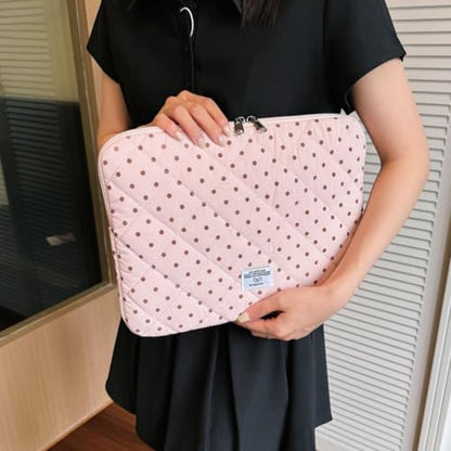 Cute Bow Puffy Laptop Sleeve 13-15 Inch Cute Quilted Laptop Protective Case Padded Bow Computer Sleeve for MacBook (Polka dots Pink, 13inch) - color: polka dots pink, size: 13inch