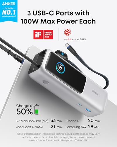 Anker Laptop Power Bank, 25,000mAh Travel Essential with 165W Total Output | 3 USB-C Ports with 100W Max Each, Built-In Retractable Cables, Flight-Ready, for iPhone 17 Series, MacBook, and More - color: Silver