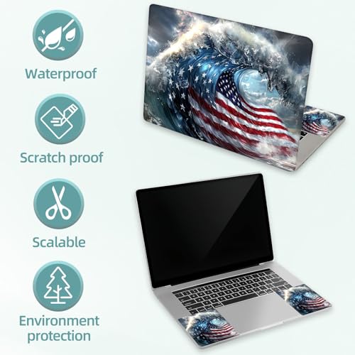 Universal Laptop Skin Decal, 3-Piece Vinyl Protector for 12 13 14 15.6" Notebook, Waterproof Anti-Scratch, Easy Trim & Bubble-Free Finish, Massive Ocean Wave with American Flag - color: Massive Ocean Wave with American Flag