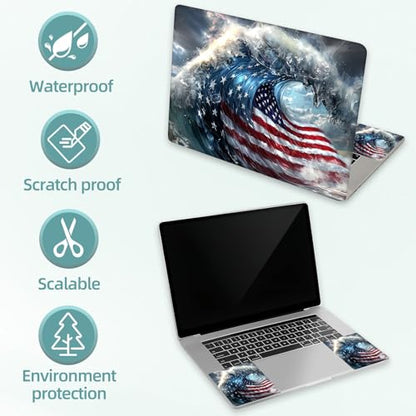 Universal Laptop Skin Decal, 3-Piece Vinyl Protector for 12 13 14 15.6" Notebook, Waterproof Anti-Scratch, Easy Trim & Bubble-Free Finish, Massive Ocean Wave with American Flag - color: Massive Ocean Wave with American Flag