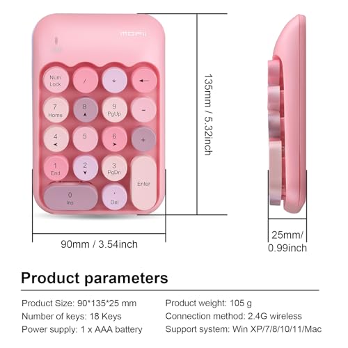 Lomiluskr Cute Wireless Number Keypad with 2.4G USB Receiver, 18 Colorful Round Keys Numpad, Portable Financial Accounting Numeric Keyboard, Suitable for PC, Laptop (Pink) - color: Pink