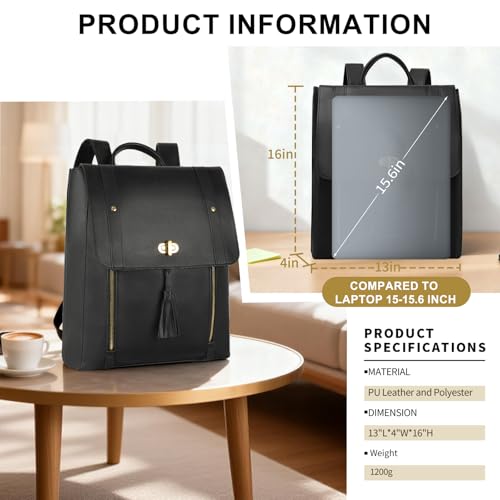 ESTARER Upgraded Version Women PU Leather Backpack 15.6 Inch Laptop Backpack Vintage College Rucksack Bag (Black)