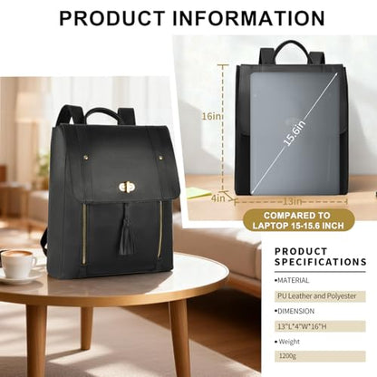 ESTARER Upgraded Version Women PU Leather Backpack 15.6 Inch Laptop Backpack Vintage College Rucksack Bag (Black)