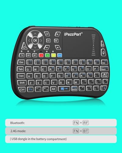 iPazzPort Bluetooth Mini Keyboard with Touchpad, 2.4G Keyboard and Mouse | IR Learning Support • Cyclic RGB Backlit • Rechargeable • PC, Smart TV, Laptop, Android TV Box • Type-C