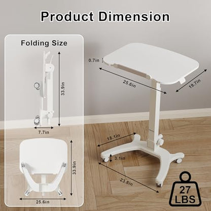 BONTEC Mobile Foldable Standing Desk, Portable Adjustable Height Desk with Gas Spring, Small Rolling Laptop Desk with Wheels for Home, Office, Bedroom, and Medical Use, 25.6" x 19.7" Desktop, White - color: White