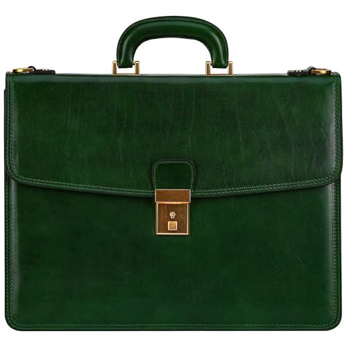 Time Resistance Leather Briefcase - Italian Handmade Leather Laptop Bag - Handbag for Men - Professional Computer Case - color: Green