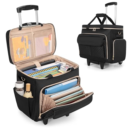 LUXJA Rolling Teacher Bag with Wheels and 15.6" Laptop Compartment, Black | Rolling Briefcase for Women with Accordion File Area, Teacher Tote Bag for Work with Detachable Dolly and Shoulder Strap - color: Black