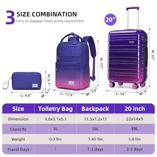 LARVENDER Carry on Luggage Sets 3 Piece, 20 Inch Suitcases, Midnight Berry | 22x14x9 Airline Approved, Gradient PC+ABS Hardshell, Smooth 360° Wheels, TSA Lock, 3-Piece Set with Color-matched Backpack - color: Midnight Berry-20BP, size: 3 Piece Set (Backpa