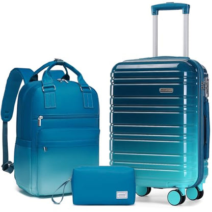 LARVENDER Carry on Luggage Sets 3 Piece, 20 Inch Suitcases, Ocean Breeze | 22x14x9 Airline Approved, Gradient PC+ABS Hardshell, Smooth 360° Wheels, TSA Lock, 3-Piece Set with Color-matched Backpack - color: Ocean Breeze-20BP, size: 3 Piece Set (Backpack/T