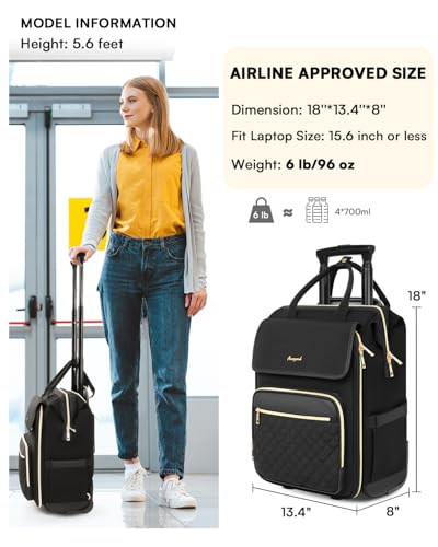 Arcoyard Rolling Backpack for Women, Travel Rolling Laptop Backpack with Wheels, Vertical & Horizontal Storage 2 In 1, Flip-Top Design, Water-Resistant Overnight College Underseat Carry on Luggage - color: Black