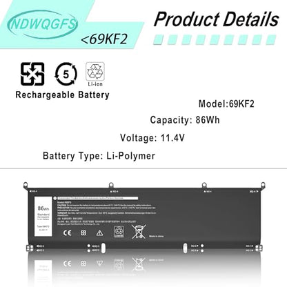 69KF2 86Wh Battery Replacement for Dell XPS 15 9510 9500 9520 Precision 5550 5560 5570 G15 5511 5520 Alienware M15 M17 R3 R4 | 11.4V 6-Cell Replacement