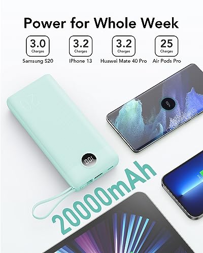 VRURC Portable Charger 20000mAh, Built-in Cables Fast Charging Power Bank, PD QC 3.0 Travel Essentials Battery Pack, 4 Output & 2 Input Phone Charger for iPhone, Samsung, Android - color: Green