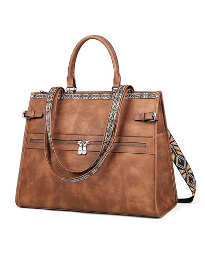 FADEON Laptop Bag for Women Designer PU Leather Large Tote Bags Backpack Purses with 15.6 Laptop Compartment Shoulder Handbag - color: 1 Brown Retro Style