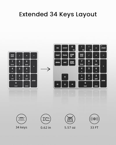 Kisnt KN300BT Bluetooth Number Pad for Laptop, 34- Key Wireless Rechargeable Numeric Keypad Portable External Numpad for MacBook, Tablets, Mac, iOS, Android, Windows PC - style: 34 Keys Wireless Numpad