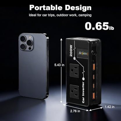 200W Car Power Inverter, Amcelooy Dual DC 12V to 110V AC Car Outlet Adapter to Wall Plug, Fast Charging 24W USB-C & USB Ports,Car Charger Cigarette Lighter Adapter for Phone,Laptop on Road Trip(Black) - color: Black