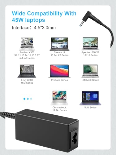 BIYTC Stream 14 & 11 Laptop Charger for HP 45W Computer Blue Tip Power Cord | 19.5V 2.31A,Notebook 15 Model 4.5mm Smart Blue Tip Computer Power Cord