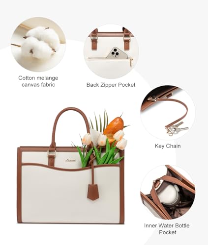 LOVEVOOK Laptop Tote Bag for Women, 15.6 inch Lightweight Canvas Office Work Bag Briefcase, Large Capacity Teacher Computer Bag Handbag for Travel Business,2pcs Set Canvas/Beige-Brown | PU Leather Business Briefcase Teacher Travel College Bag Handbag fit